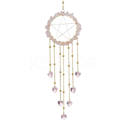 Wire Wrapped Natural Rose Quartz Chips Ring Hanging Ornaments HJEW-JM02371-02-1