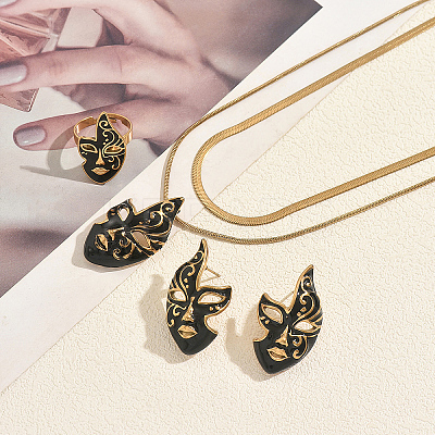 201 Stainless Steel Mask Stud Earrings & Pendant Necklaces & Rings Sets for Women AB3701-1