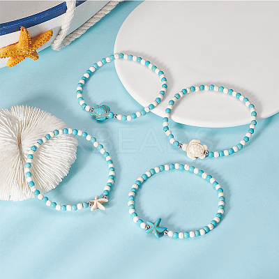 8Pcs Turtle & Starfish Synthetic Turquoise Beaded Stretch Bracelet Sets BJEW-SC0001-47-1