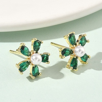 Flower Brass Cubic Zirconia Stud Earrings EJEW-P336-06G-07-1