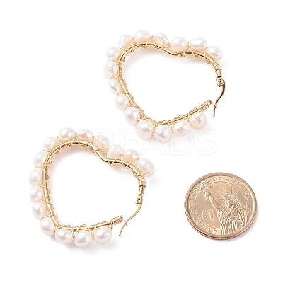 Natural Pearl Wire Wrapped Heart Big Hoop Earrings for Women EJEW-JE04796-02-1