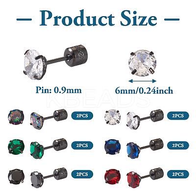 12Pcs 6 Colors Cubic Zirconia Diamond Stud Earrings EJEW-TA0001-09-1