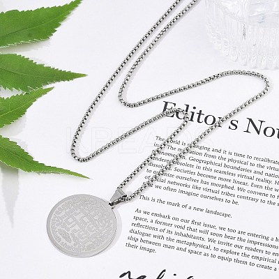 201 Stainless Steel Religion Flat Round Pendant Box Chain Necklaces for Women Men LS-NJEW-R013-08P-1
