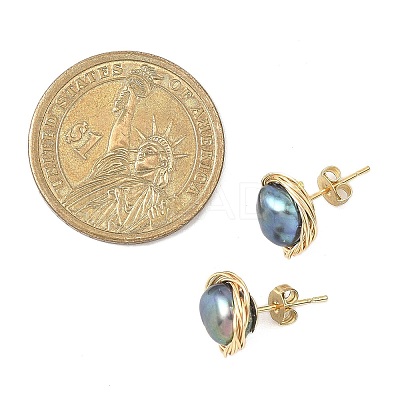 Flat Round Natural Cultured Freshwater Pearl Stud Earrings EJEW-JE06698-1