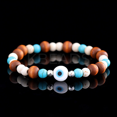 Natural Wood & Synthetic Turquoise Round Beads Stretch Bracelets for Men ED9275-2-1