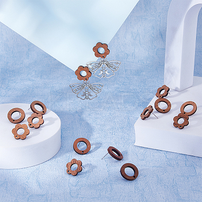 16 Pairs 2 Style Flower & Ring Wood Stud Earring Findings DIY-DC0002-88-1