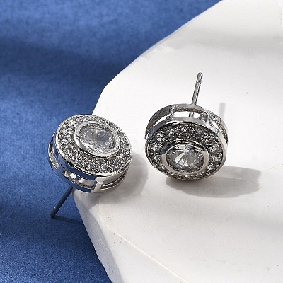 Flat Round Brass Micro Pave Clear Cubic Zirconia Stud Earrings EJEW-H180-13P-1