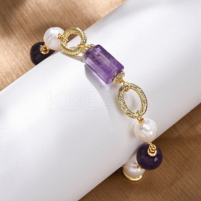 Natural Amethyst & Pearl Round Beads Link Bracelets for Women BJEW-Q039-01G-1