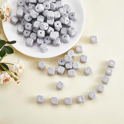 20Pcs Grey Cube Letter Silicone Beads 12x12x12mm Square Dice Alphabet Beads with 2mm Hole Spacer Loose Letter Beads for Bracelet Necklace Jewelry Making JX436M-1