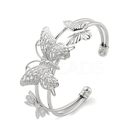Butterfly Rack Plating Brass 2-Strand Open Cuff Bangles for Women BJEW-P322-01P-1