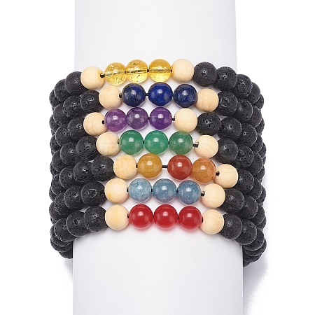 7Pcs 7 Style Natural Lava Rock & Wood  Beads & Mixed Gemstone Braided Bead Bracelets Set BJEW-JB08836-1