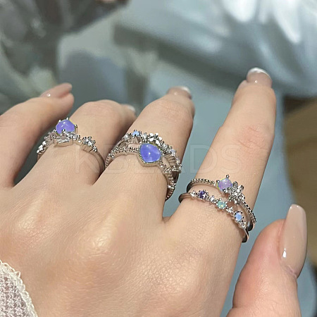 3Pcs Heart & Flower Alloy Rhinestone Cuff Rings FS-WGDF7E1-06-1