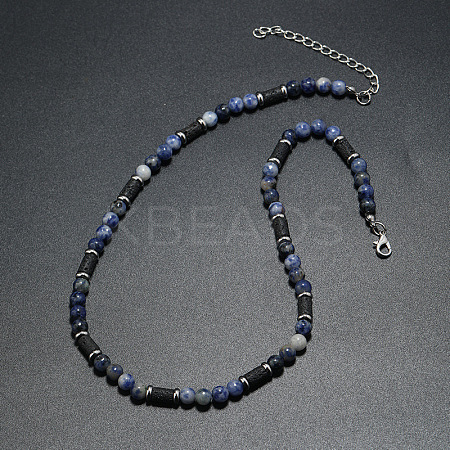 Natural Blue Spot Jasper Round and Lava Rock Column Beaded Necklaces for Men LS-AD4538-3-1