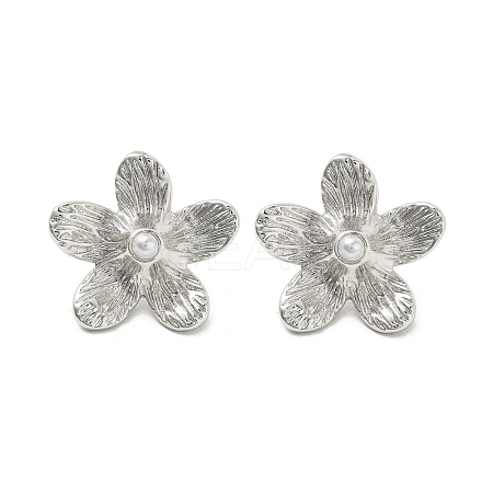 Rack Plating Flower Brass ABS Imitation Pearl Stud Earrings EJEW-M029-03P-1