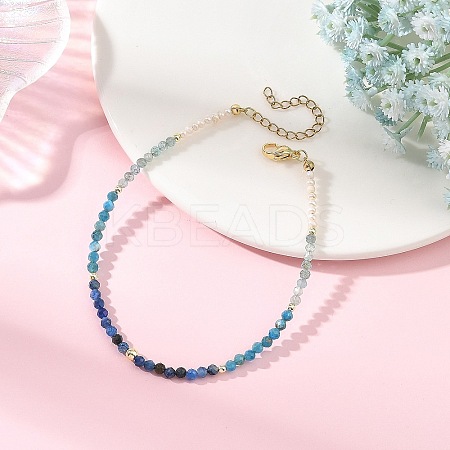 Natural Pearl Rice & Faceted Round Natural Kyanite & Apatite Beaded Anklets AJEW-AN00836-1