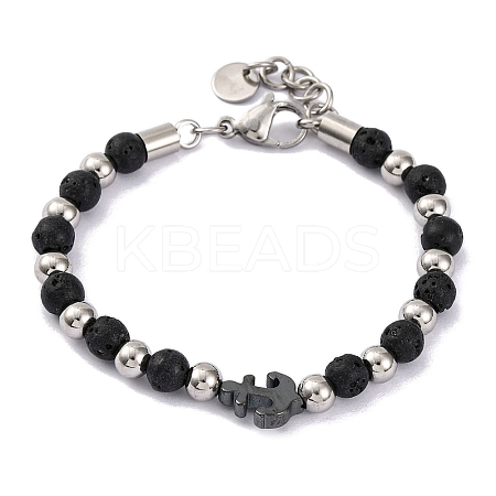 Natural Lava Rock & Synthetic Magnetic Hematite Anchor Beaded Bracelet BJEW-P339-01P-06-1