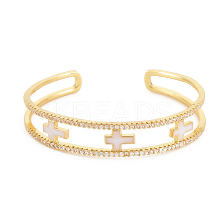 Clear Cubic Zirconia Cross Open Cuff Bangle with Enamel BJEW-S141-025-1