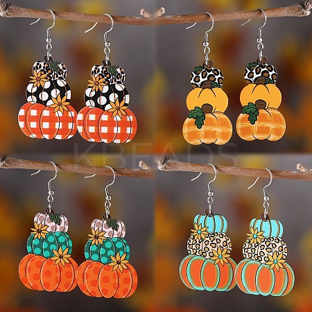 4 Pairs Thanksgiving Day Pumpkin Stainless Steel Wood Dangle Earrings FS-WG285B1-05-1