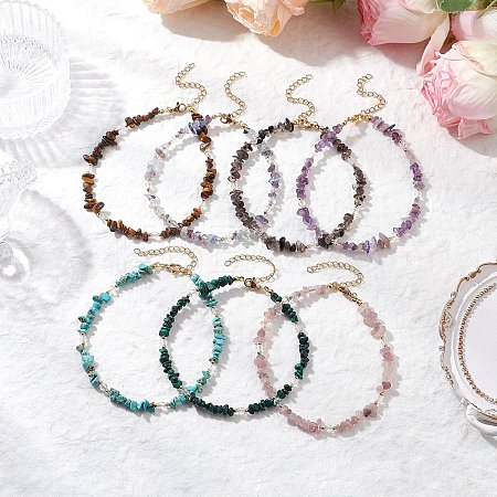 Natural Mixed Gemstone Chip & Glass Beaded Anklets AJEW-AN00682-1