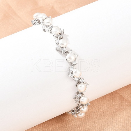 Platinum Tone Brass Micro Pave Cubic Zirconia & Plastic Pearl Tennis Bracelets BJEW-B160-16P-1