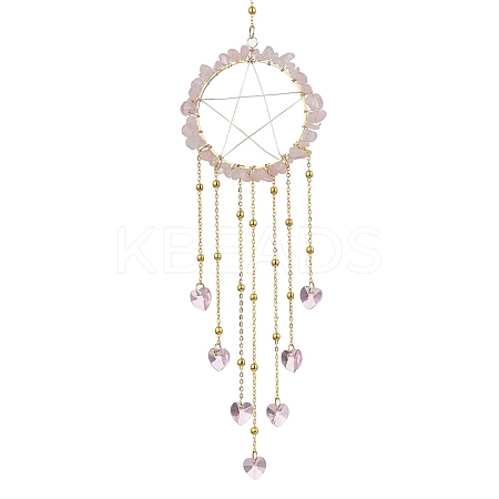 Wire Wrapped Natural Rose Quartz Chips Ring Hanging Ornaments HJEW-JM02371-02-1