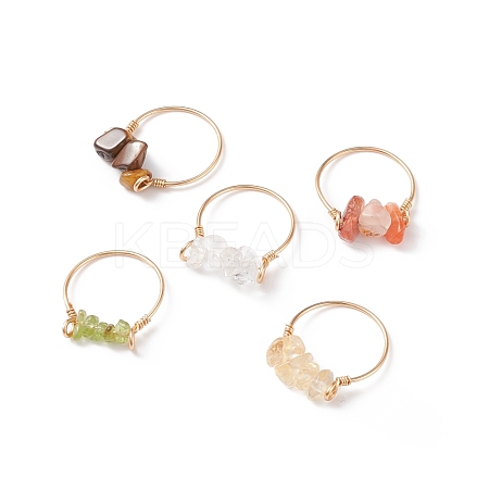 Natural Gemstone Chips Beaded Finger Rings RJEW-JR00512-1