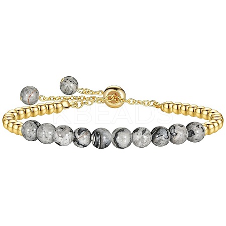 Natural Map Stone 304 Stainless Steel Round Beaded Adjustable Slider Bracelets for Men Women AW1156-5-1