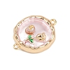 Brass Enamel & Natural Pearl Flat Round with Flower Connector Charms KK-K351-50G-02-2