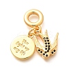 Brass Cubic Zirconia Flat Round & Swallow European Dangle Charms KK-U048-19G-1