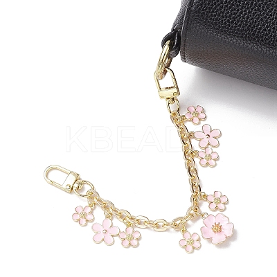2Pcs 2 Styles Alloy Pink Enamel Flower Bowknot Pendant Cable Chain Purse Decorative Chains AJEW-BA00148-1