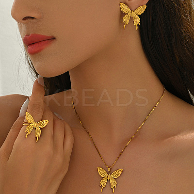 304 Stainless Steel Butterfly Stud Earrings & Pendant Necklaces & Rings Sets for Women WG6482F-06-1