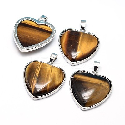 Heart Platinum Plated Brass Natural Tiger Eye Pendants X-G-F228-10C-RS-1