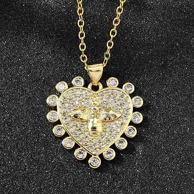 Brass Micro Pave Clear Cubic Zirconia Bee Heart Pendant Necklaces for Women NJEW-D311-01C-G-1