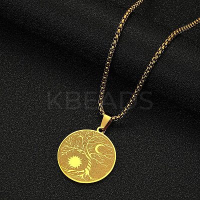 Stainless Steel Viking Moon Sun Tree of Life Flat Round Pendant Box Chain Necklaces PW-WG93B99-02-1