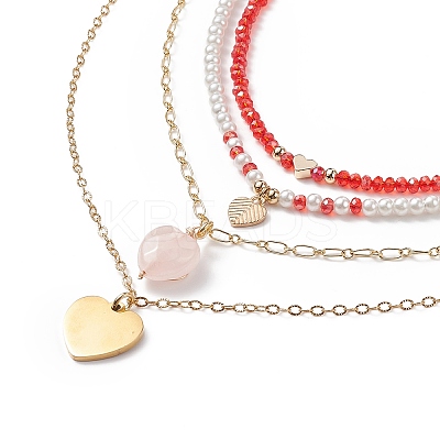 4Pcs 4 Style Natural Rose Quartz & 304 Stainless Steel & Alloy Enamel Pendant Necklaces Set NJEW-JN04069-1