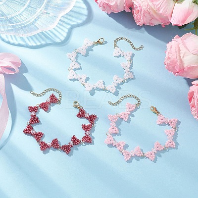 3Pcs 3 Colors Glass Seed Beads Bowknot Link Bracelets for Women BJEW-MZ00220-1