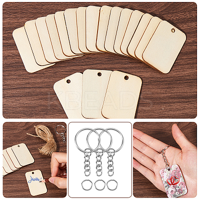 50Pcs Unfinished Natural Poplar Wood Pendants with 50Pcs Iron Split Key Rings with 50Pcs 304 Stainless Steel Jump Rings with 2 Bundle 2-Ply Jute Cord DIY-SP0001-67A-1