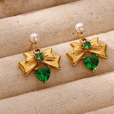304 Stainless Steel Micro Pave Cubic Zirconia Bowknot Dangle Stud Earrings LS-EJEW-U065-03G-02-1