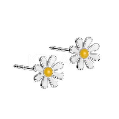 Anti-Tarnish Enamel Daisy Rhodium Plated 999 Fine Silver Stud Earrings for Women EJEW-S215-12P-1
