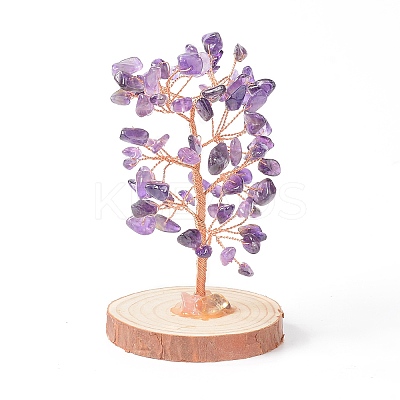 Natural Amethyst Chips with Brass Wrapped Wire Money Tree on Wood Base Display Decorations DJEW-B007-05B-1