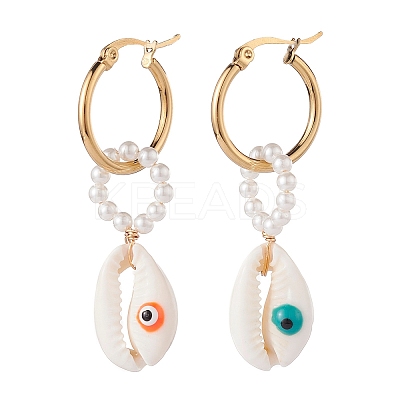 Shell Pearl Beaded Dangle Hoop Earrings EJEW-TA00042-1