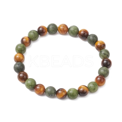 Natural Tiger Eye & Chinese Southern Jade Round Beaded Stretch Bracelets for Men Women BJEW-JB12016-1