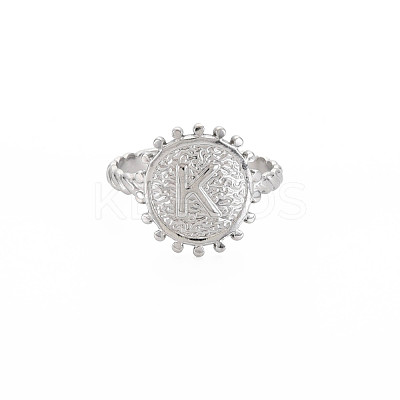 Non-Tarnish 304 Stainless Steel Flat Round with Initial Letter Open Cuff Ring for Men Women RJEW-S405-246P-K-1