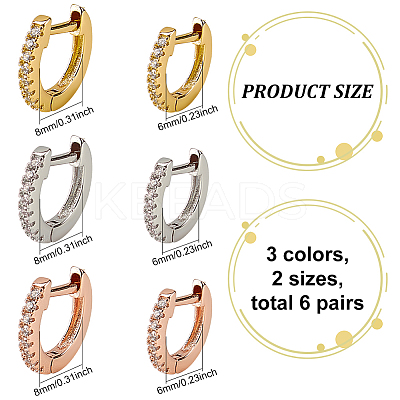 12Pcs 6 Styles Brass Micro Pave Clear Cubic Zirconia Hoop Earrings EJEW-AN0004-59-1