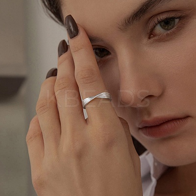 Rhodium Plated 925 Sterling Silver Criss Cross Finger Ring RJEW-C064-33B-P-1