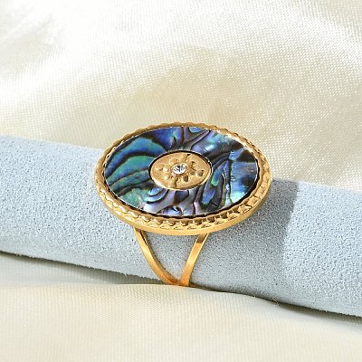 Oval 304 Stainless Steel & Paua Shell & Rhinestone Cuff Rings for Women X-RJEW-G346-06G-02-1