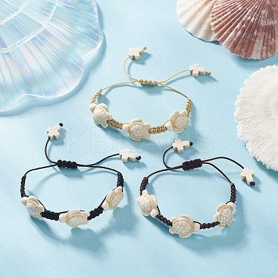 3Pcs 3 Color Dyed Synthetic Turquoise Turtle Braided Bead Bracelets Set for Kids BJEW-JB09407-1