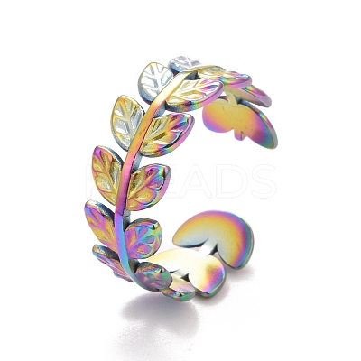 Ion Plating(IP) Rainbow Color 304 Stainless Steel Leaf Wrap Open Cuff Ring for Women RJEW-C025-16M-1