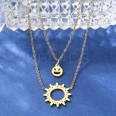 304 Stainless Steel Sun and Smiling Face Pendant Double Layer Necklaces for Women NJEW-A045-14G-1