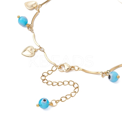 Handmade Evil Eye Lampwork & Stainless Steel Heart Tassel 304 Stainless Steel Curved Bar Link Chain Anklets for Women AJEW-AN00742-03-1